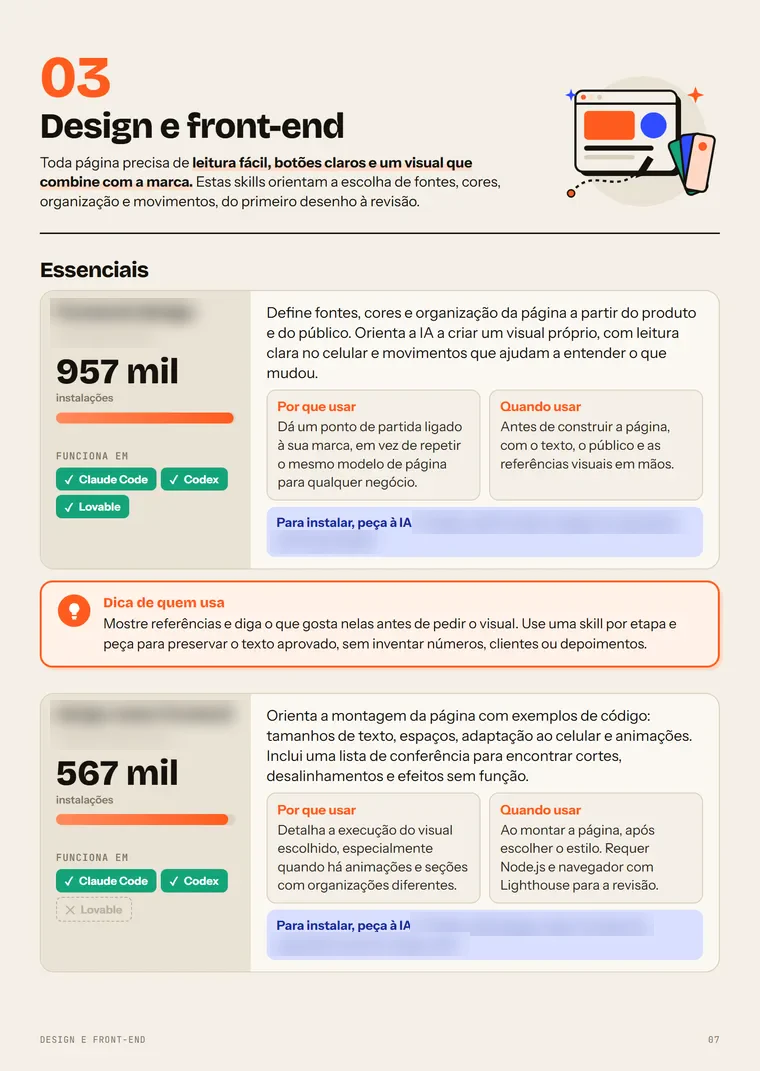 Página do capítulo Design e front-end, com as skills do capítulo e o pedido de instalação